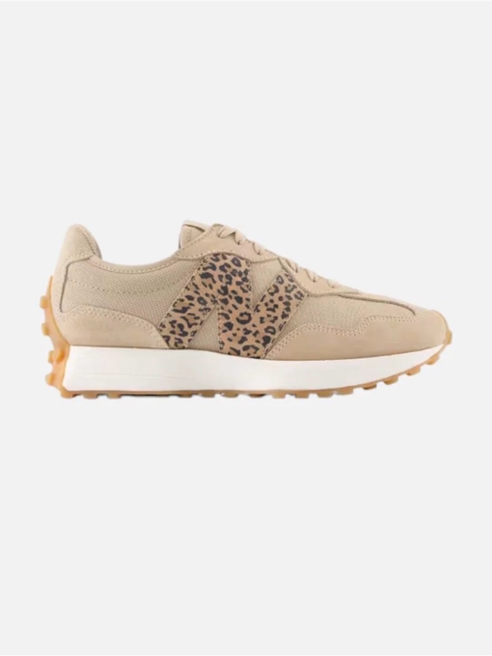 New Balance Women's 327 Tan Sneakers with Leopard N Accent